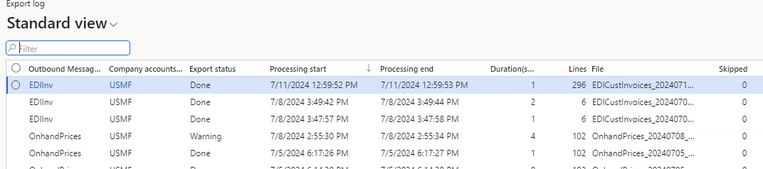 Export log with line counts, duration, and status