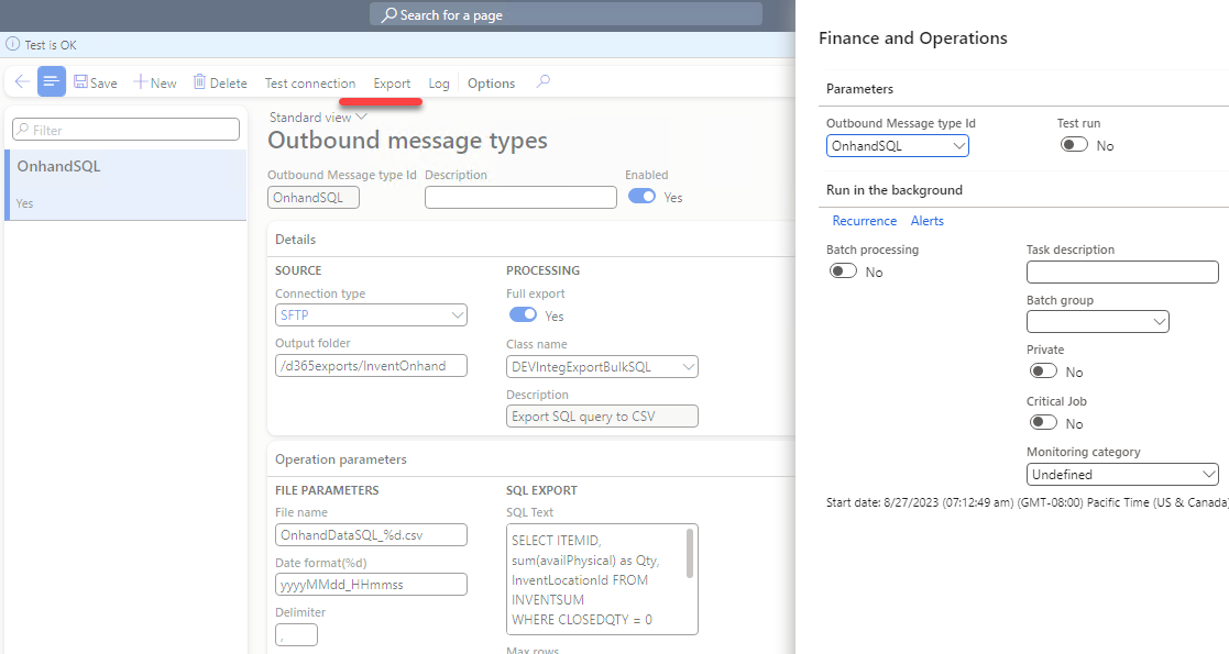 Export run dialog with batch recurrence and Test run