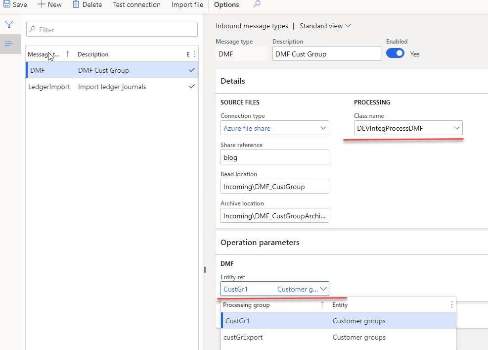 Inbound message type with DEVIntegProcessDMF and the DMF entity reference