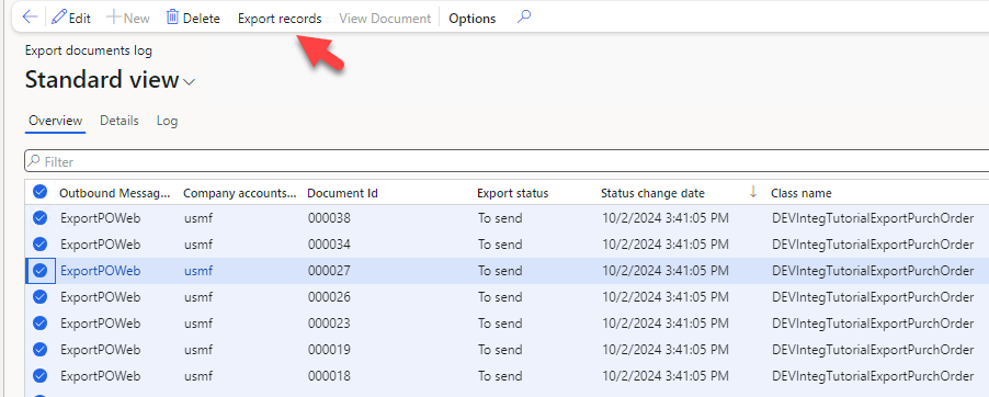 Export document log after the initial export