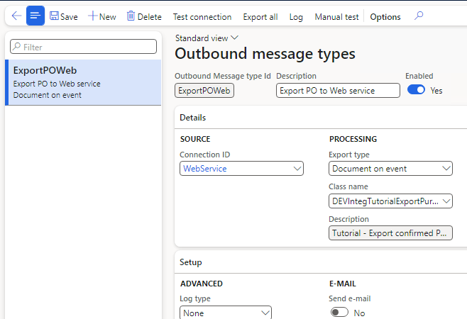 Outbound message type configured for an event-based export