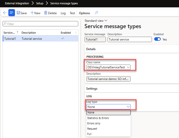 Service message type setup with log options